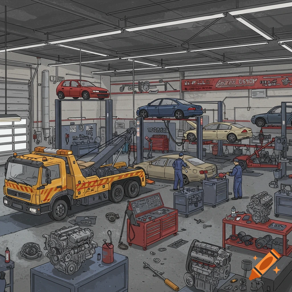 Detailed illustration of a busy car repair shop with multiple cars on lifts, a tow truck, and mechanics working.