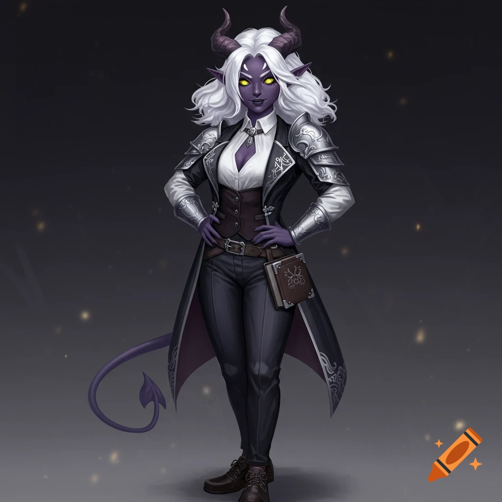 A tiefling woman with dark purple skin, white hair, yellow eyes, and ...