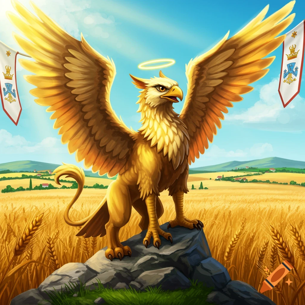 A majestic golden griffin with a halo, wings spread, stands on a rock in a golden wheat field under a blue sky, with white banners on either side.