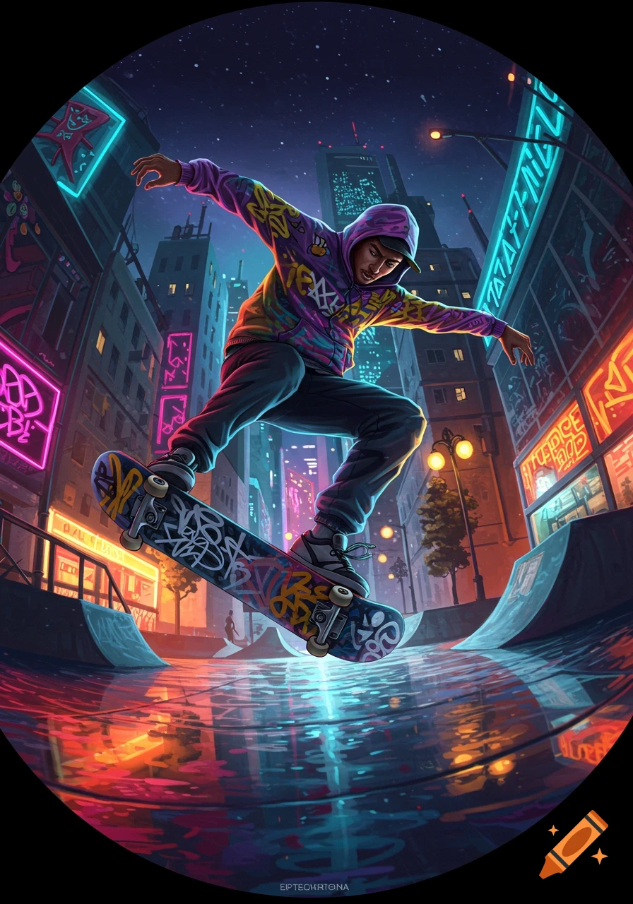 A stylized, vibrant image of a skateboarder mid-air in a neon-lit futuristic city at night, reflecting on a wet street.