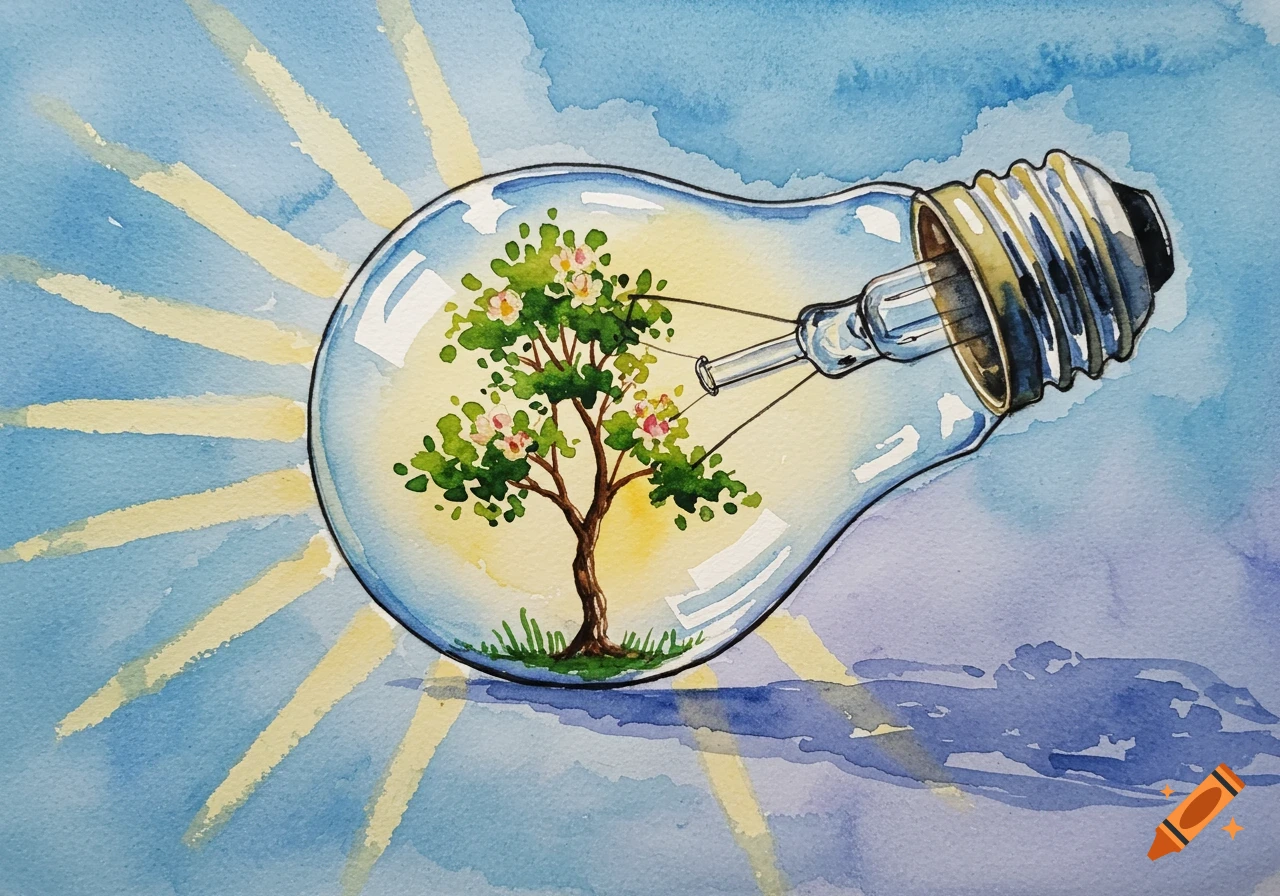 Watercolor painting of a green tree with pink flowers growing inside a transparent lightbulb against a blue sky with sun rays.