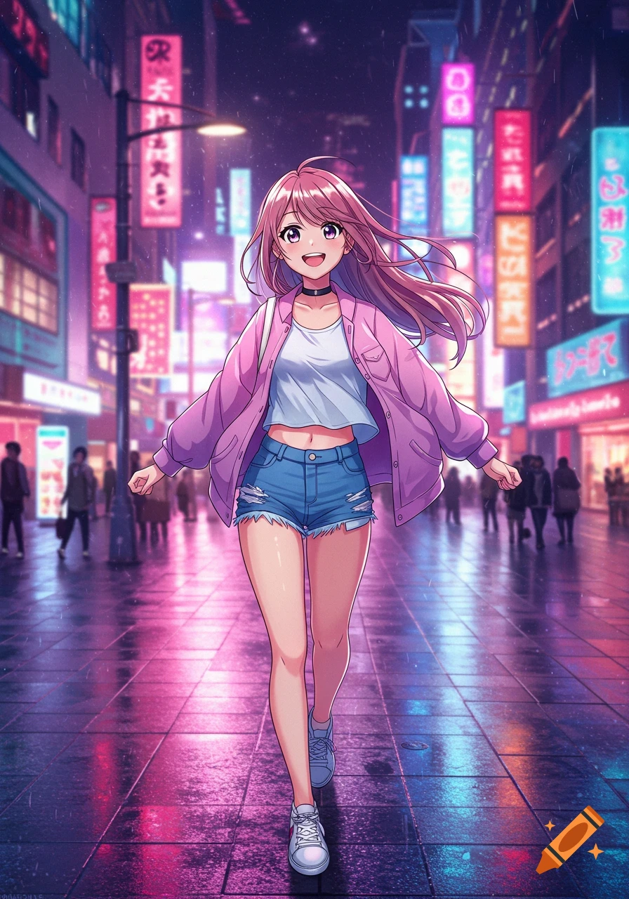 An anime-style girl with pink hair walks down a neon-lit city street at ...