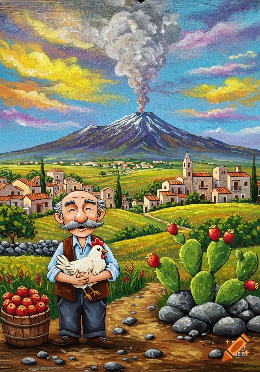 A vibrant cartoon painting of a happy old man holding a chicken in a rural village with a smoking volcano and colorful fields.