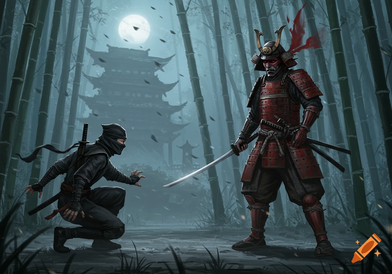 A samurai in red armor faces a ninja in a misty bamboo forest under a full moon with a distant temple. Digital painting.