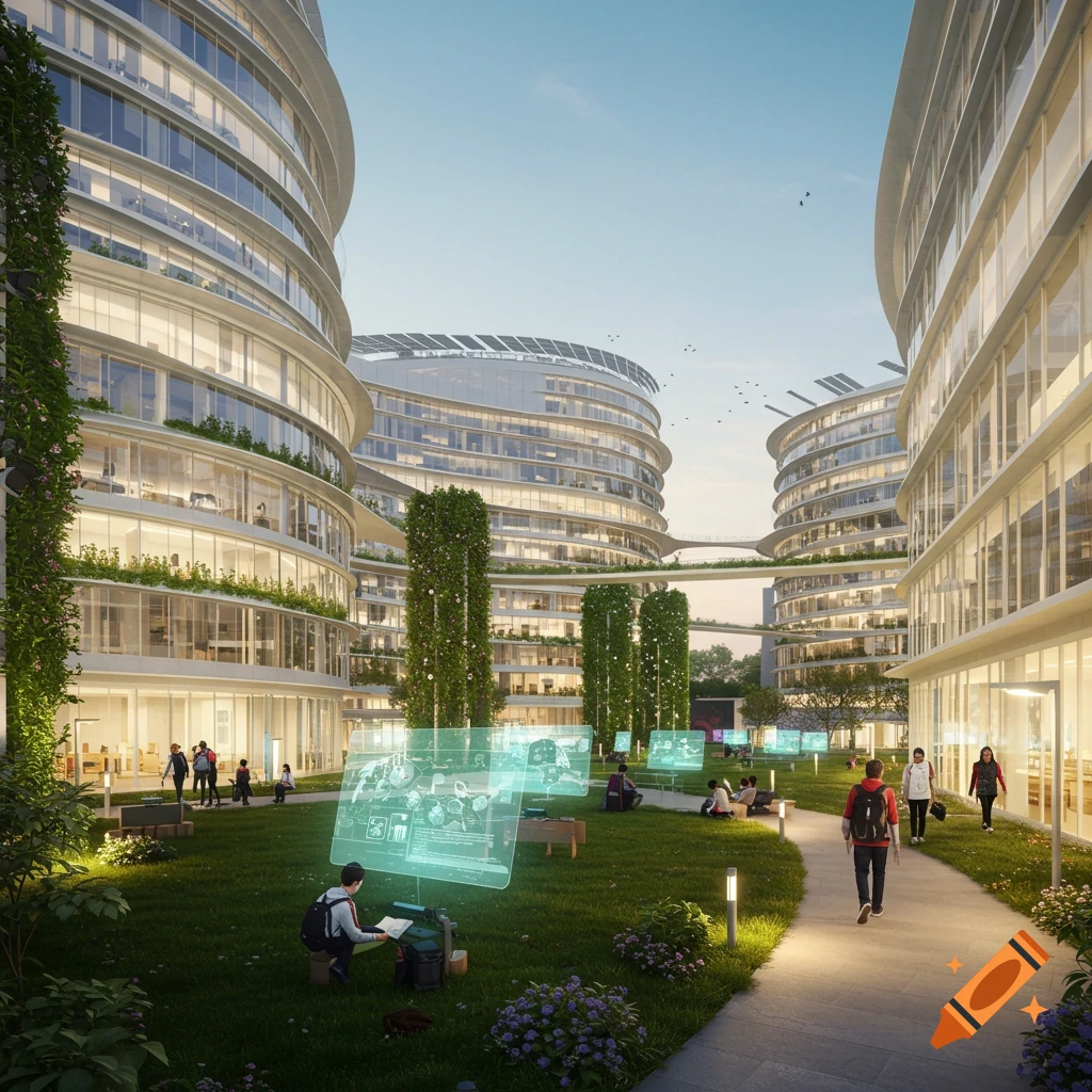 A photorealistic depiction of a modern, green university campus with curved buildings, students, and glowing holographic displays on the lawn.