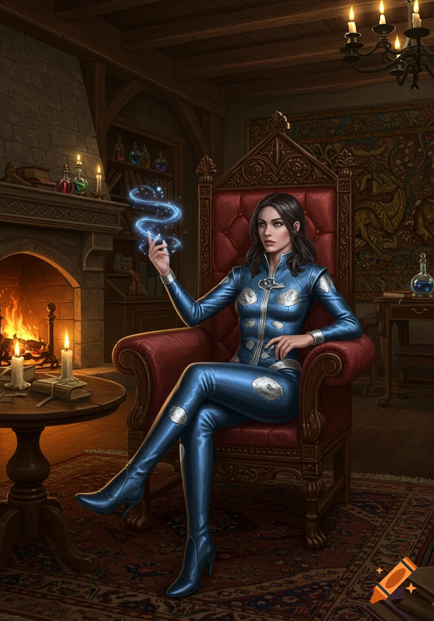 A female mage in a blue and silver suit sits in an ornate chair, casting blue magic in a luxurious, old-world room with a fireplace.