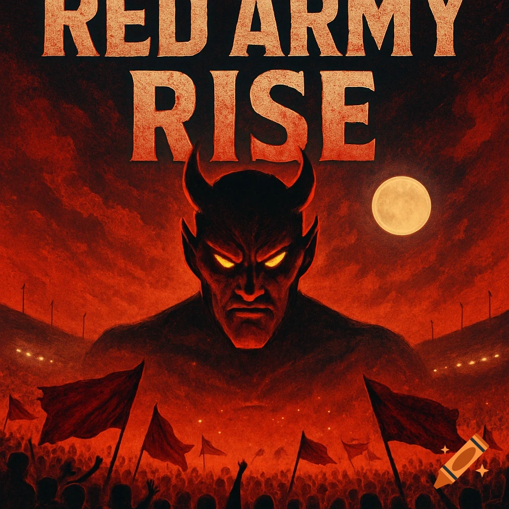 A dark, dramatic illustration shows a red-skinned devil with horns and glowing eyes towering over a silhouetted crowd waving flags under a full moon and fiery red sky. Text reads 'RED ARMY RISE'.