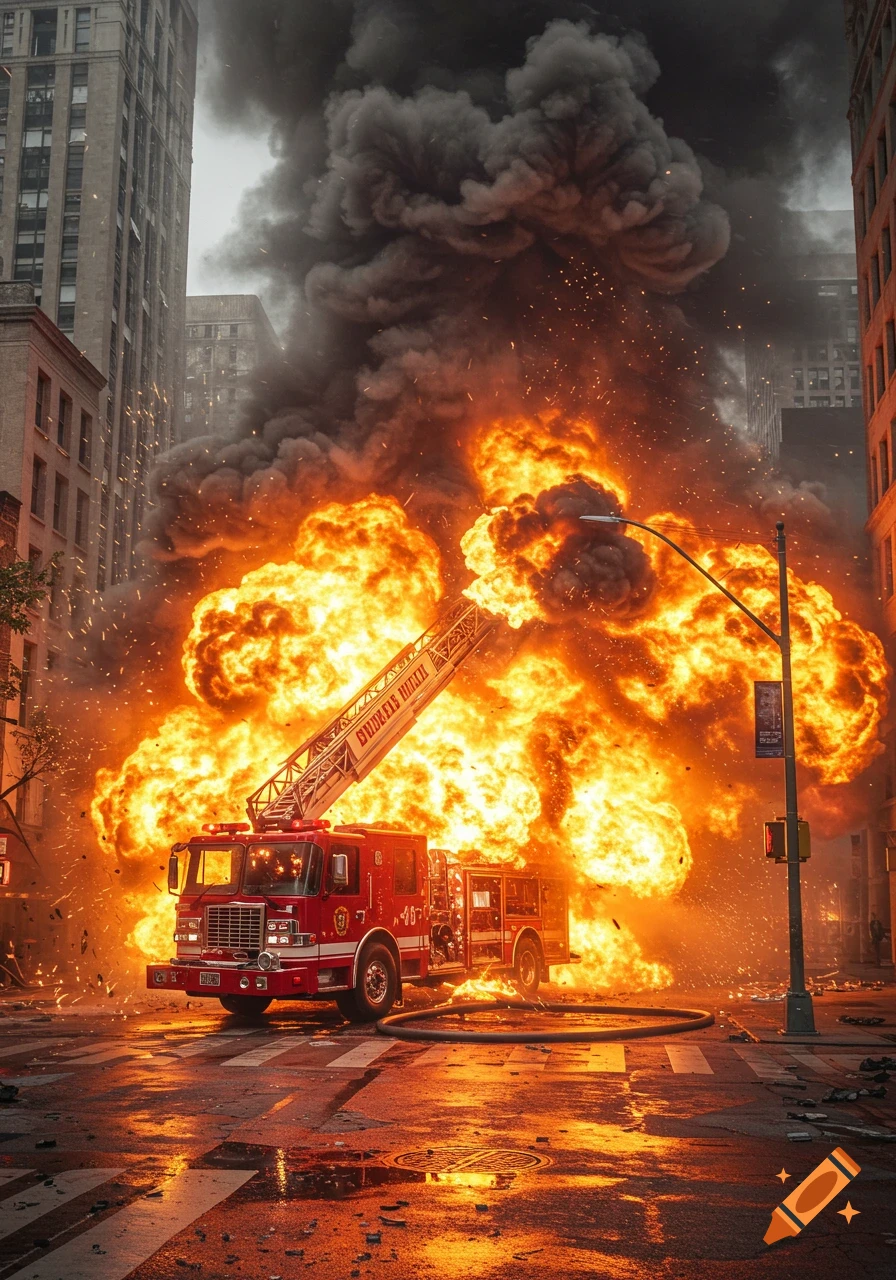 A dramatic shot of a fire truck in a city street engulfed by a massive explosion and thick black smoke, with debris scattered around.