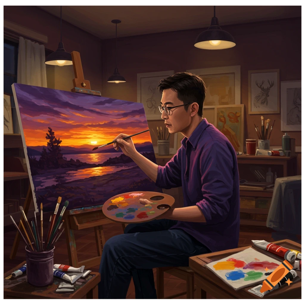 A male artist wearing glasses and a purple shirt paints a vibrant sunset landscape on a large canvas in a dimly lit art studio, holding a palette.