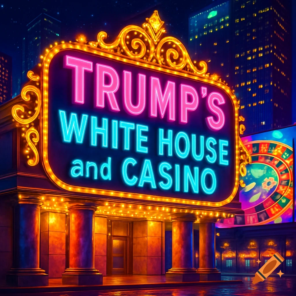 A vibrant neon sign for "TRUMP'S WHITE HOUSE and CASINO" illuminates a building facade at night in a city.