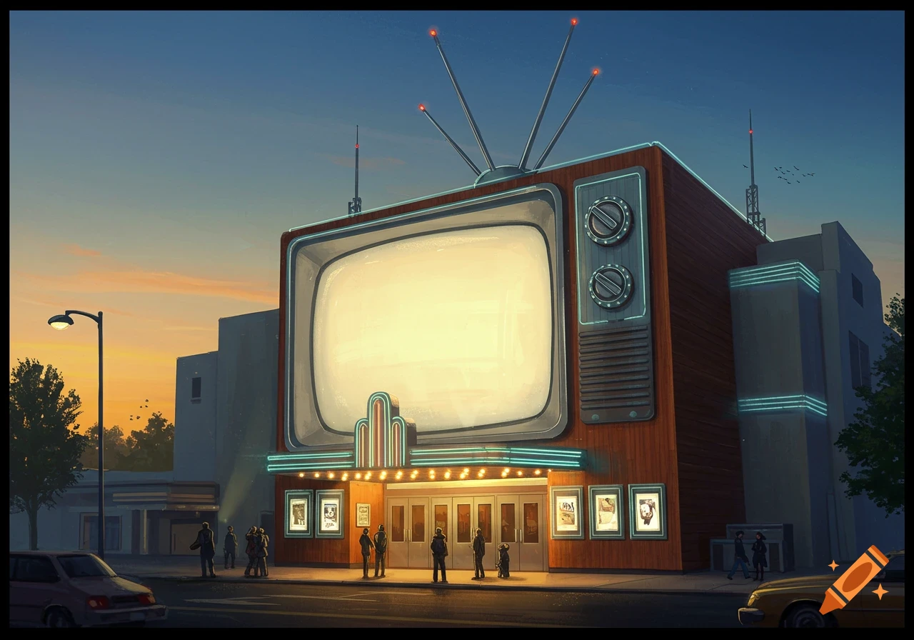 A cartoon-style image of a movie theater designed like a giant retro television at dusk.