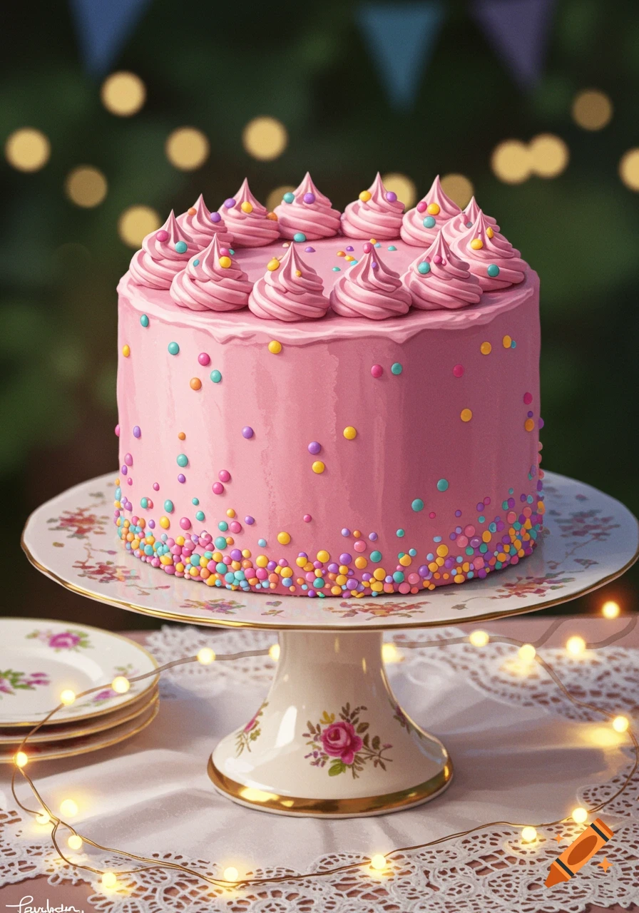 A vibrant pink birthday cake with colorful sprinkles and frosting swirls, sitting on a floral cake stand, surrounded by fairy lights.