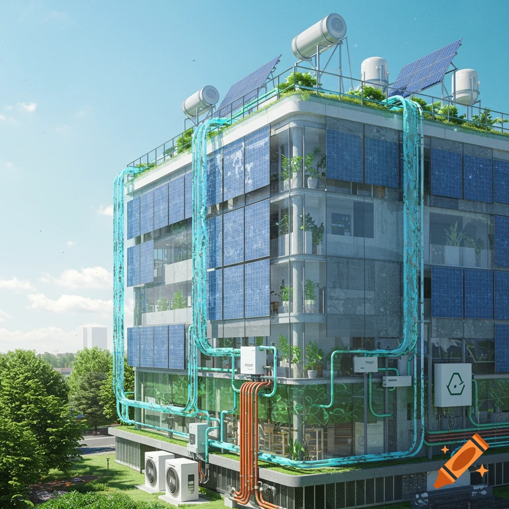 A futuristic, sustainable building with solar panels, green roofs, and intricate blue and orange piping, under a clear sky.