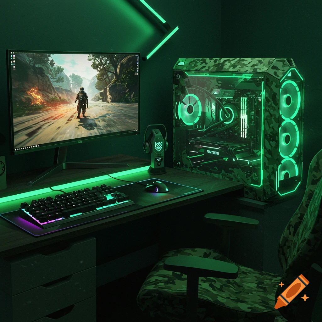 A camouflaged green and black gaming PC setup with neon green lighting, featuring a monitor displaying a game, a keyboard, mouse, and headset stand.
