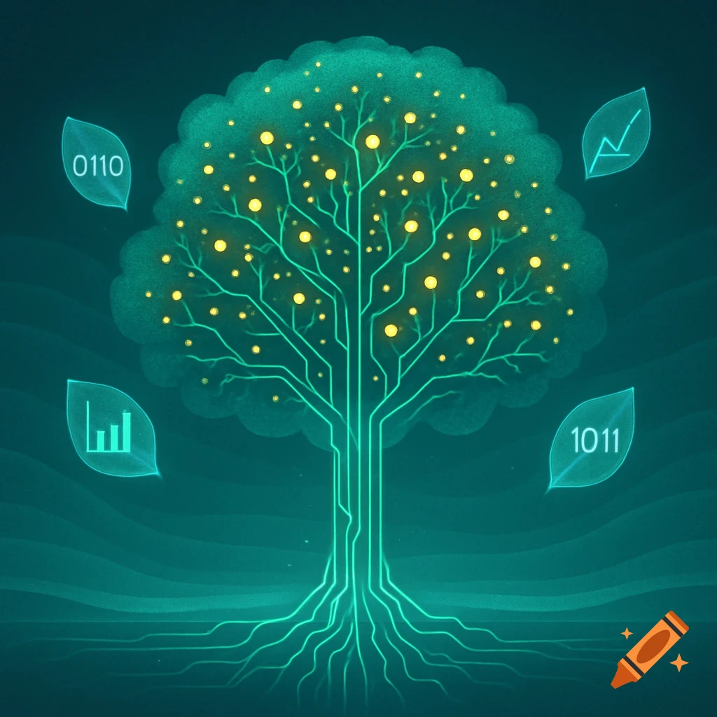 Stylized data tree with glowing circuit branches, yellow points, and leaves with binary code and data graphs.