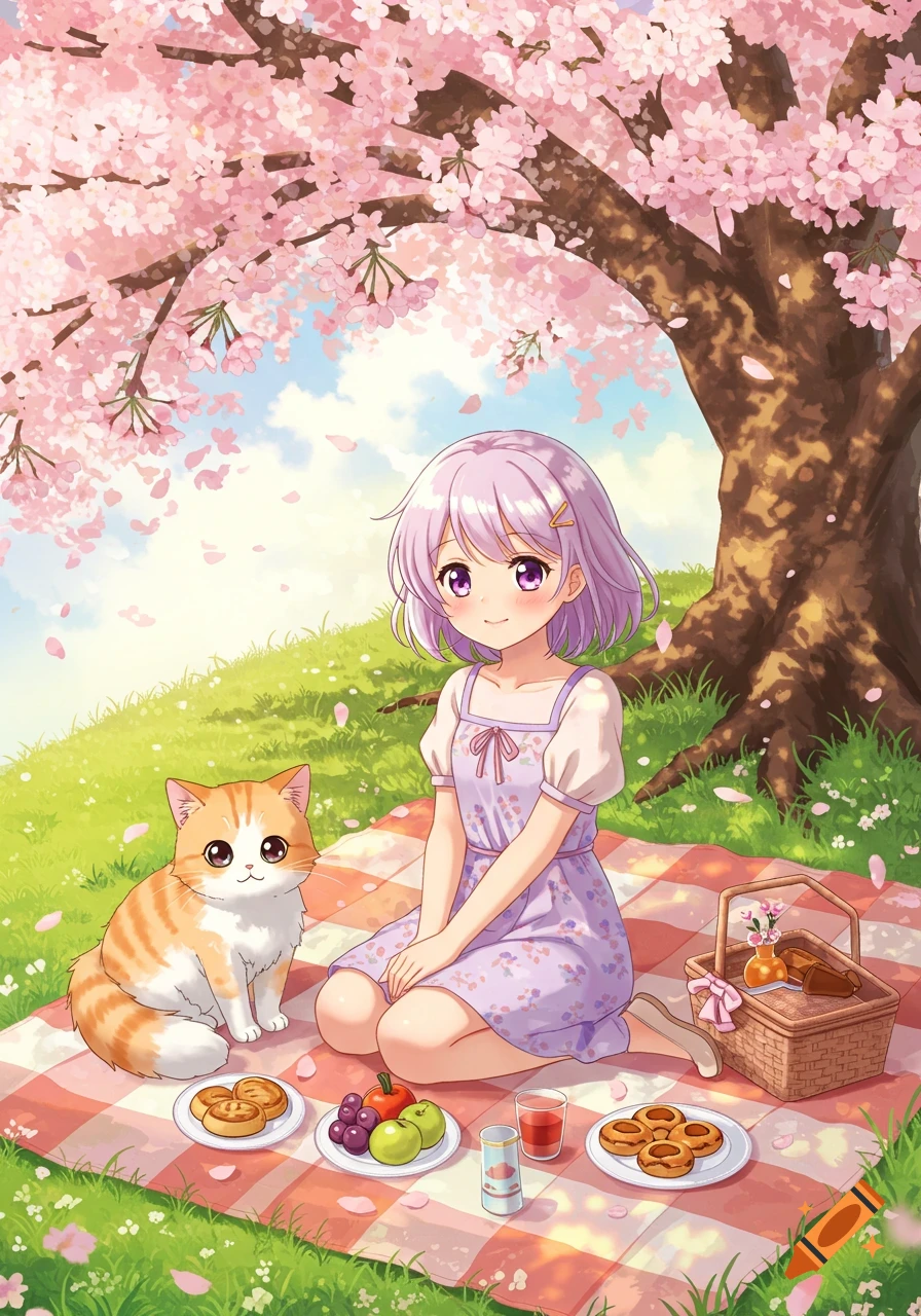 A cute anime girl and an orange tabby cat picnic under a cherry blossom tree, with petals falling on green grass.