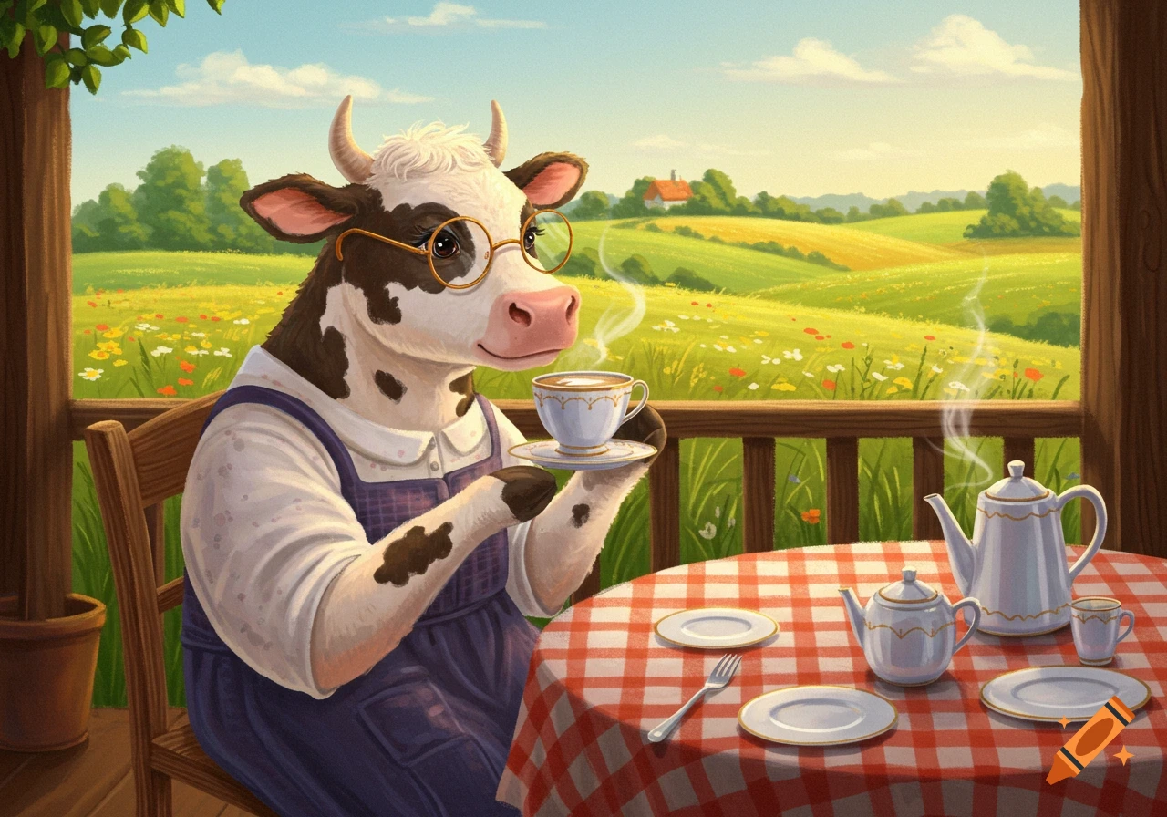 An anthropomorphic cow in glasses and an apron sips tea on a porch, overlooking a sunny rural landscape with fields and wildflowers, illustrated.