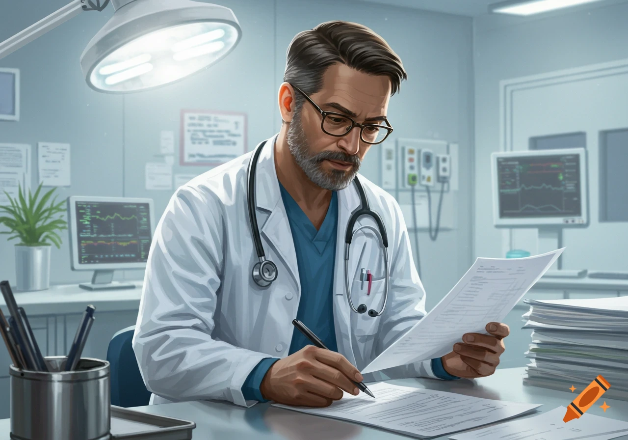 A distinguished male doctor with a beard and glasses sits at a desk, reviewing papers and writing with a pen in a modern medical office.
