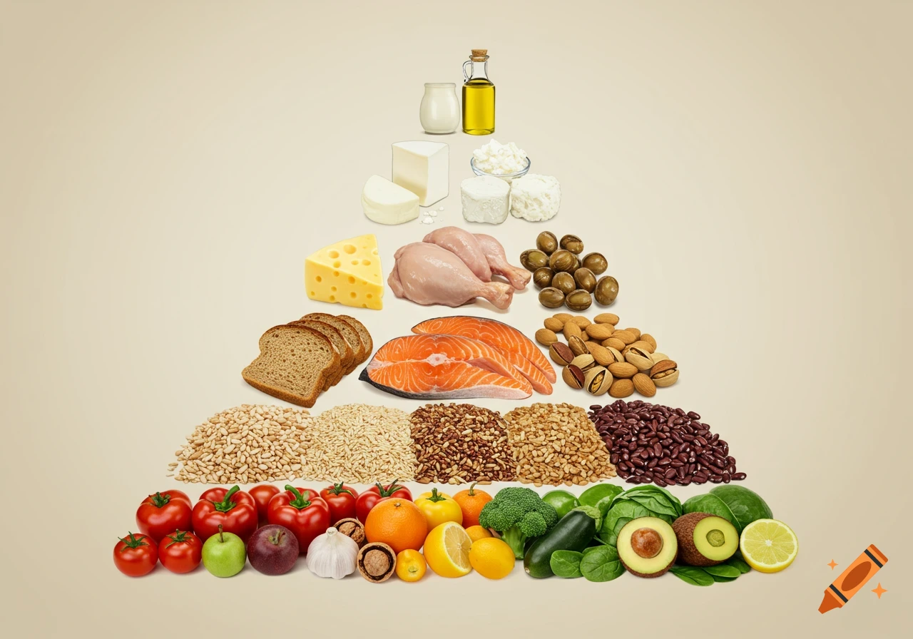 A colorful food pyramid displaying various food groups including fruits, vegetables, grains, proteins, dairy, and fats.