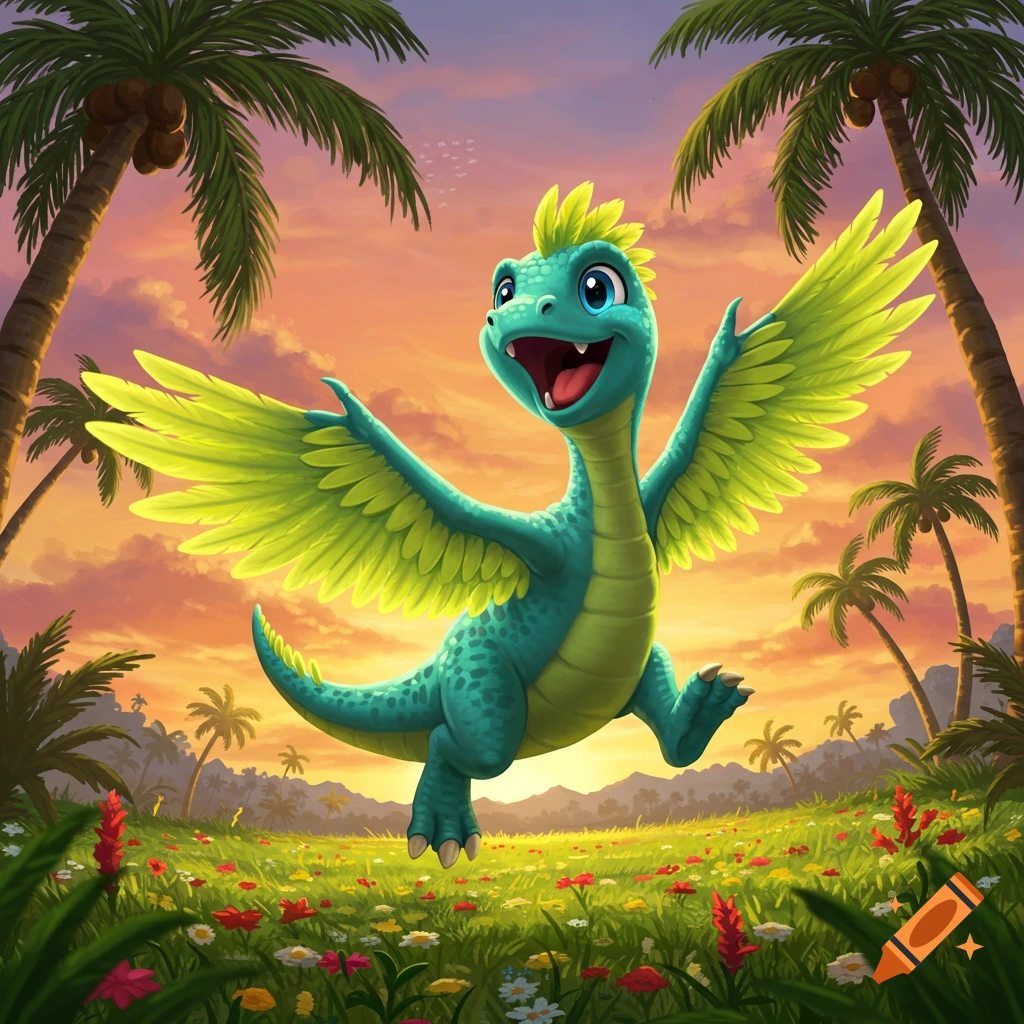 A happy, winged turquoise dinosaur with a green mohawk jumps in a vibrant tropical field with palm trees and colorful flowers at sunset, cartoon style.