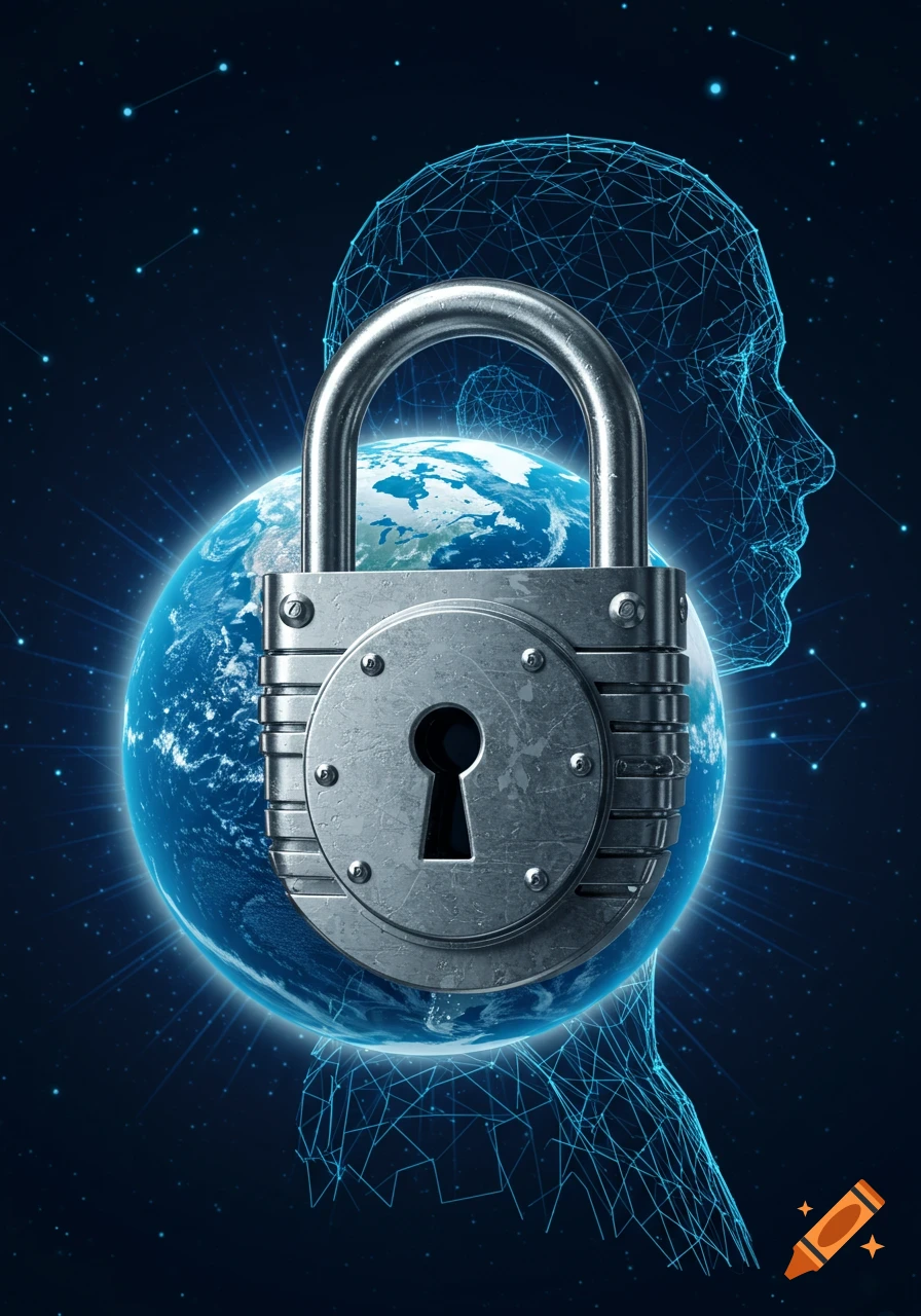 A silver padlock over a glowing blue globe with a wireframe human head against a starry dark blue background, symbolizing global security and data protection.