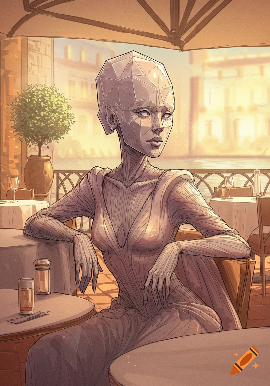A stylized woman with a geometric head and striped body sits at an outdoor cafe overlooking a canal, in a surreal illustration.