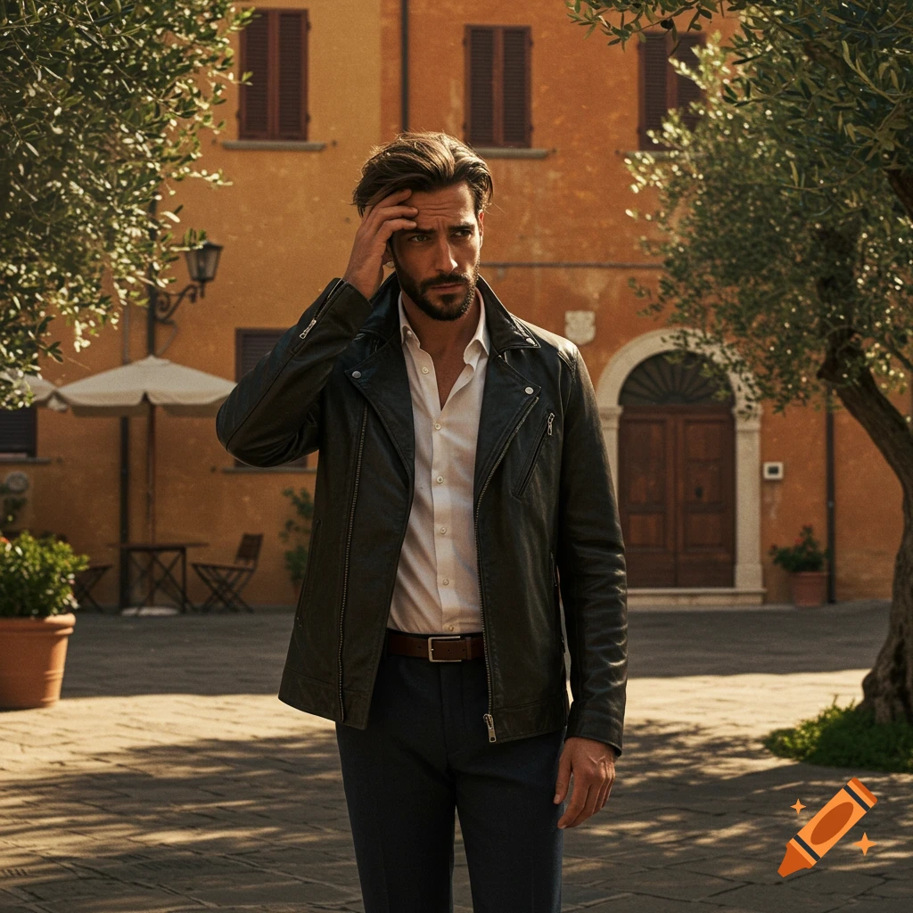 A stylish man in a dark leather jacket and white shirt stands in a sunny European town square, hand to his head.