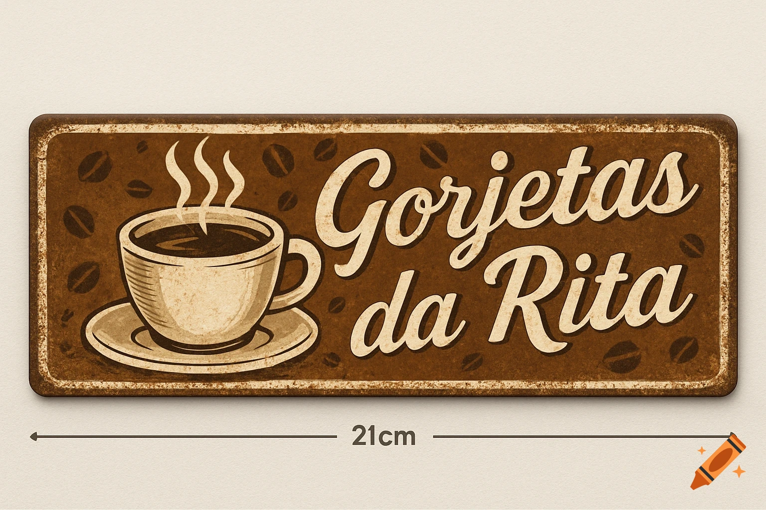 Vintage coffee sign with a steaming cup and text 'Gorjetas da Rita' on a distressed brown background with coffee beans.