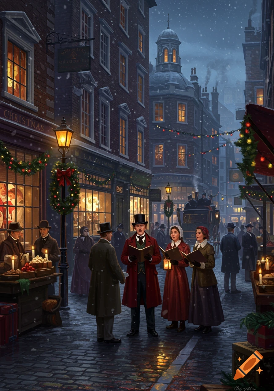 A snowy, old-fashioned London street scene at night with carolers in period attire, illuminated by gas lamps and festive shop windows.