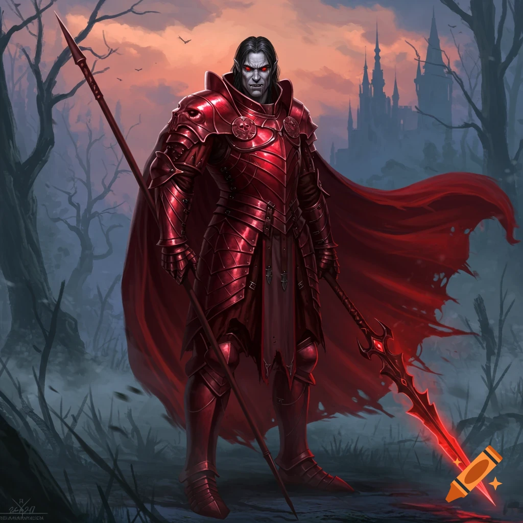 Muscular male vampire in crimson armor with glowing red eyes, holding a spear in a misty forest with a dark castle background.