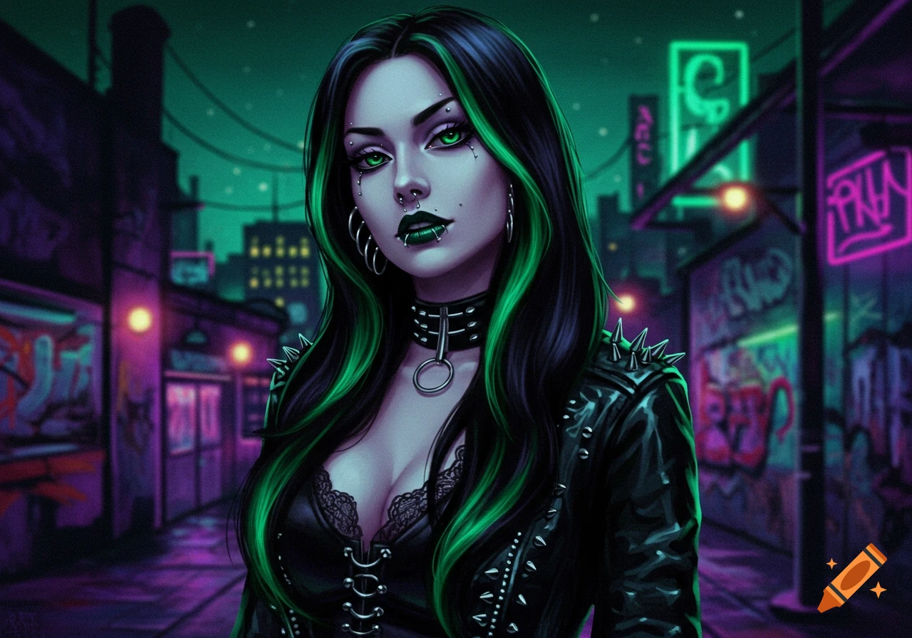 A goth woman with green-streaked black hair, multiple piercings, and a studded leather jacket stands in a neon-lit urban alley.