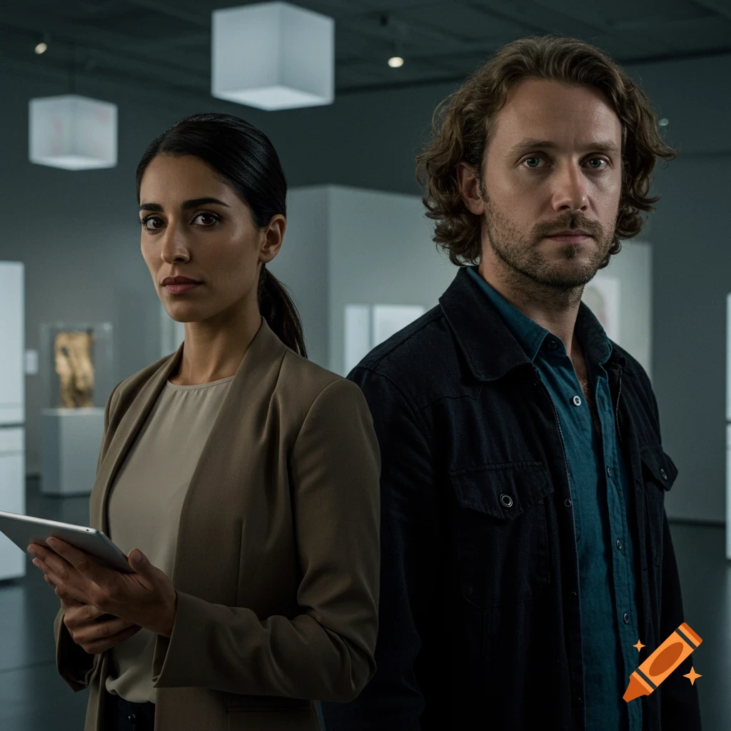 Two co-curators, a woman holding a tablet and a man, stand in a modern museum with abstract cubes and cinematic lighting.