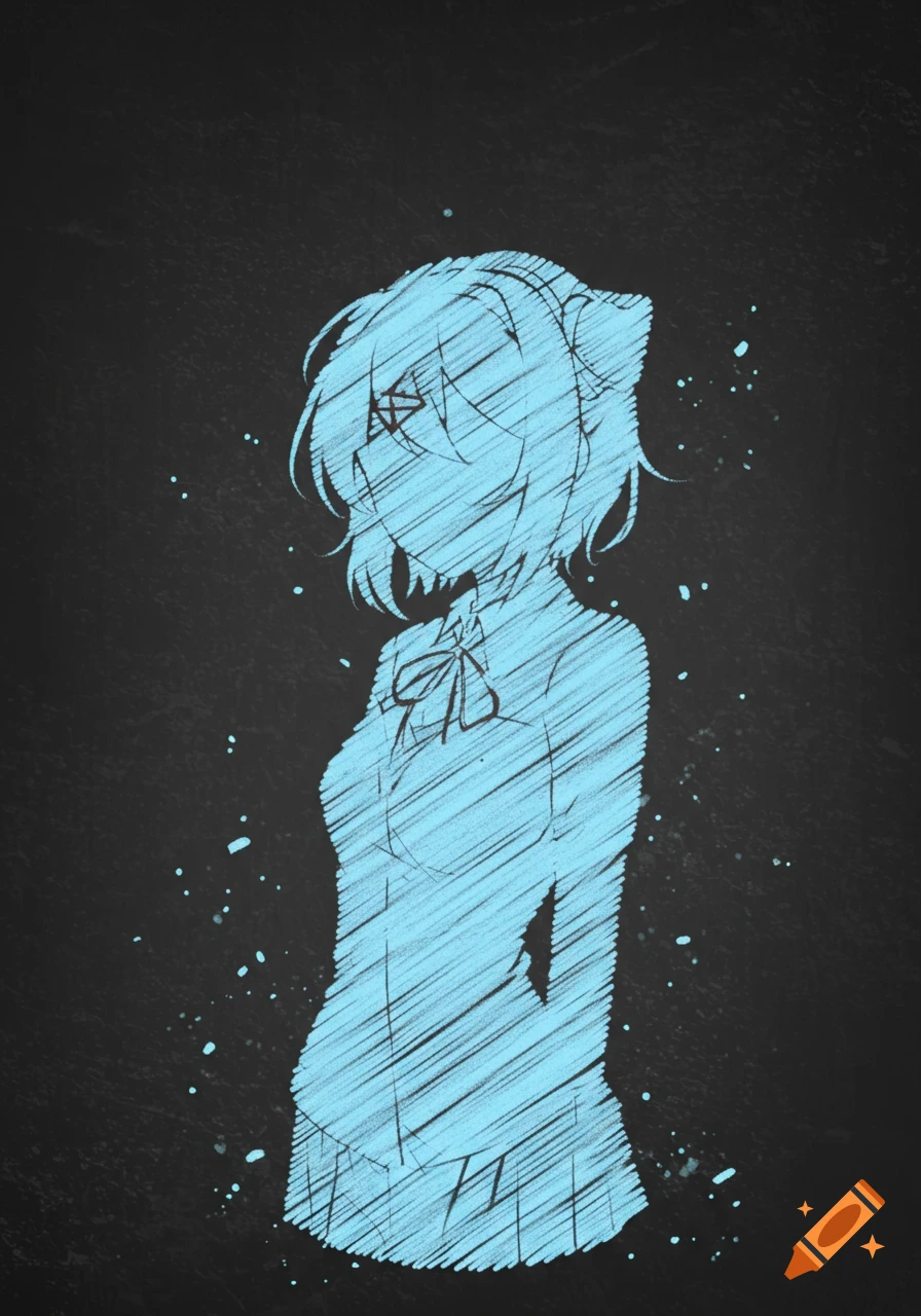 A light blue chalk silhouette of Sayori from Doki Doki Literature Club, depicted against a dark chalkboard background with scattered white specks.