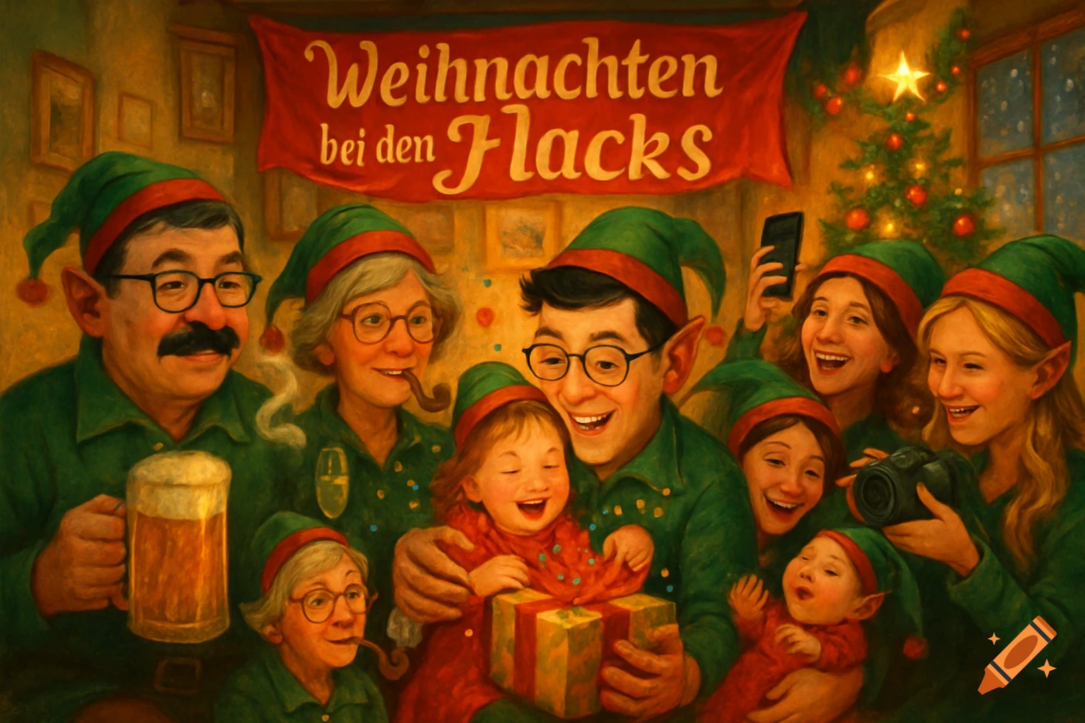 A large family of smiling people and children dressed as elves celebrate Christmas around a gift-opening toddler, with a banner that reads "Weihnachten bei den Flacks".