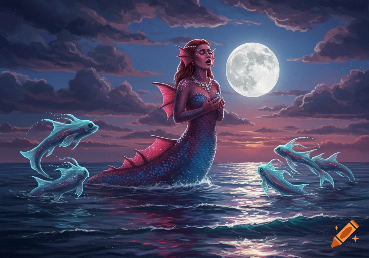 An illustrative painting of a red-haired mermaid singing in the moonlit ocean, surrounded by glowing fish.
