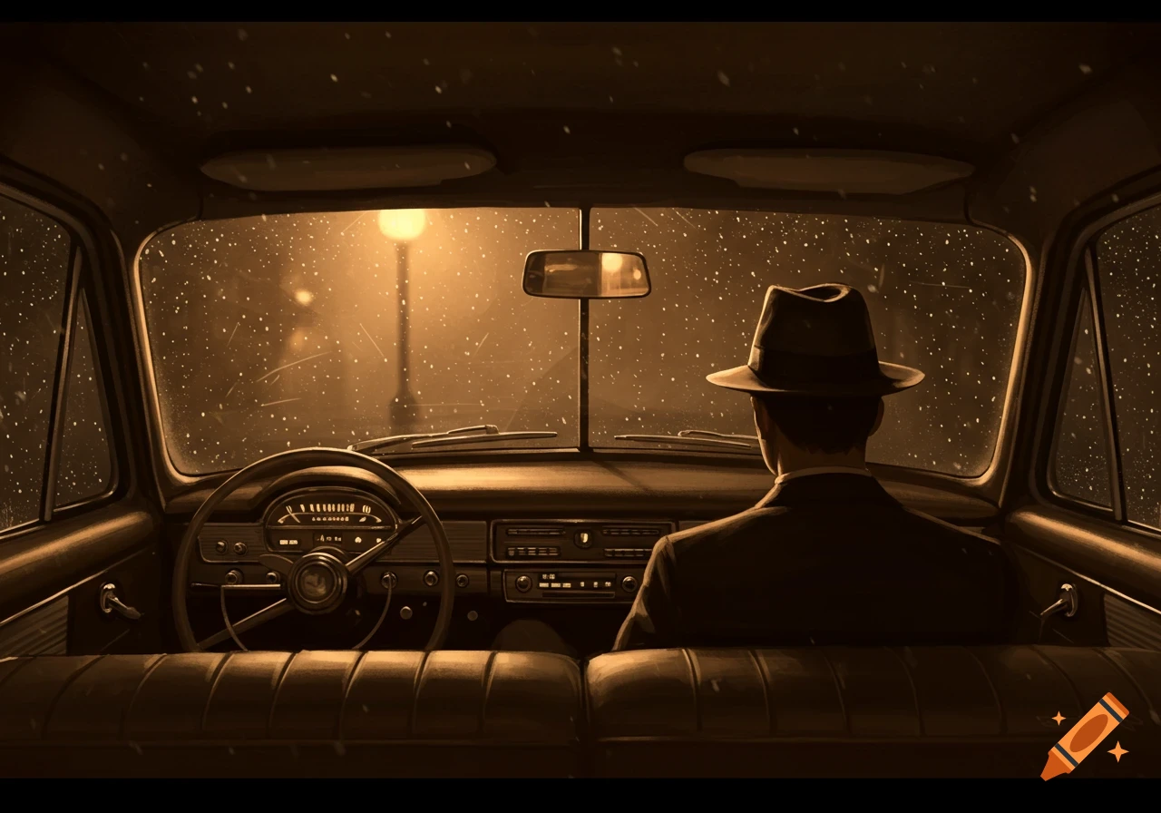 A man in a fedora sits in a vintage car at night, seen from the backseat, looking out at a rainy or snowy street lamp.