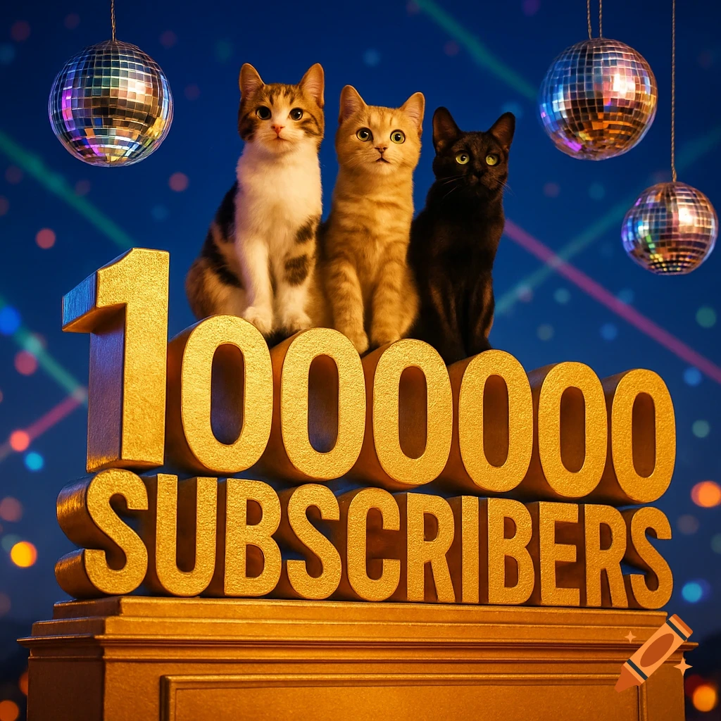Three photorealistic cats sit on large golden text reading '1,000,000 SUBSCRIBERS' against a blue disco background with shimmering disco balls.
