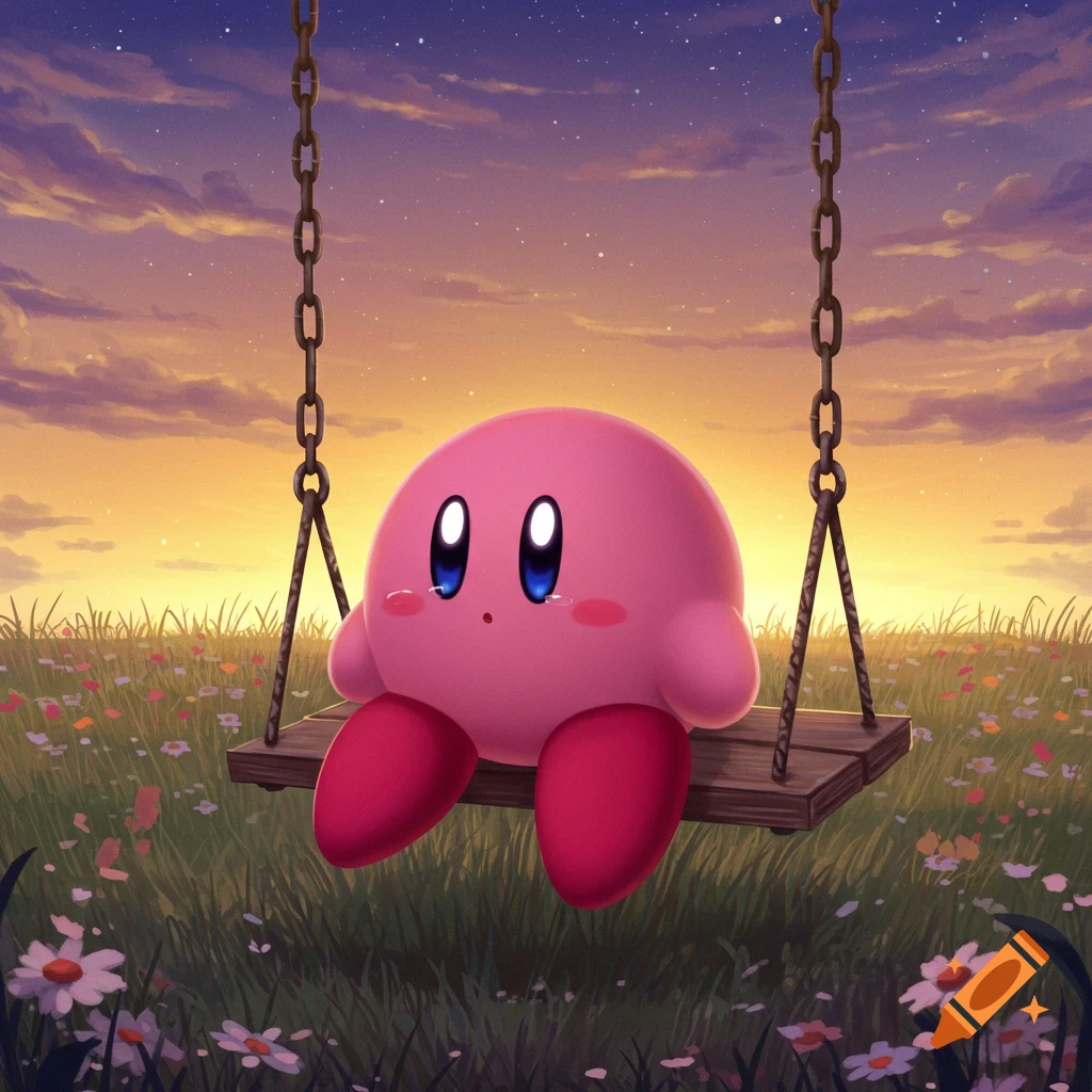 A sad, crying pink Kirby sits on a wooden swing in a field of wildflowers under a vibrant sunset sky with stars.