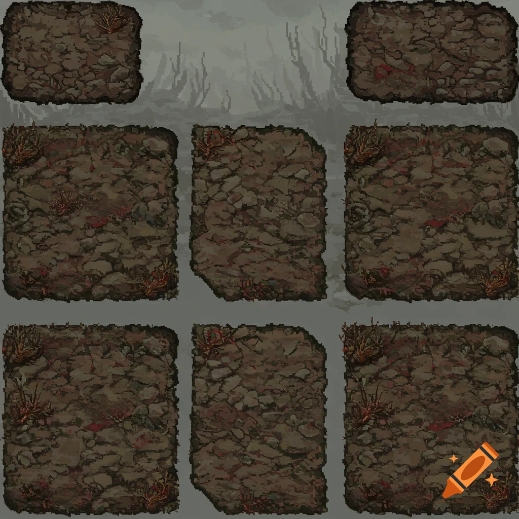Grimdark pixel art game ground tile set with dark, rocky soil and withered reddish plants.