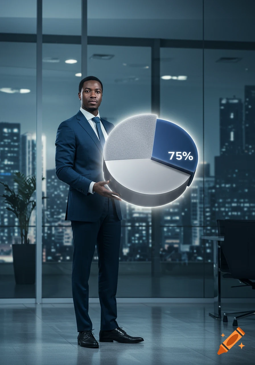 A businessman in a suit holds a glowing pie chart showing 75% in a modern office.