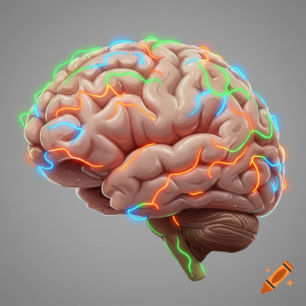 A human brain with neon blue, green, and orange lines representing electrical impulses on a plain grey background.