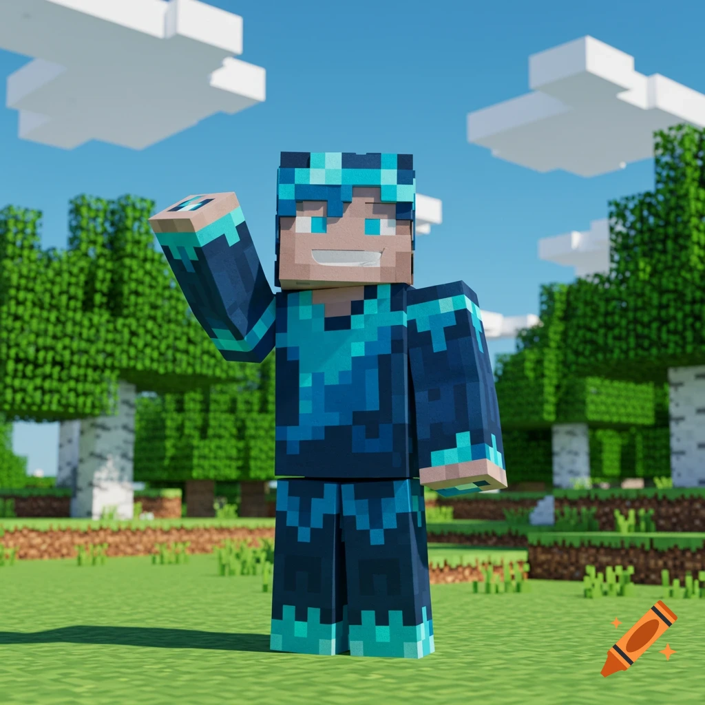 A blocky Minecraft-style character in blue and teal armor waves in a ...