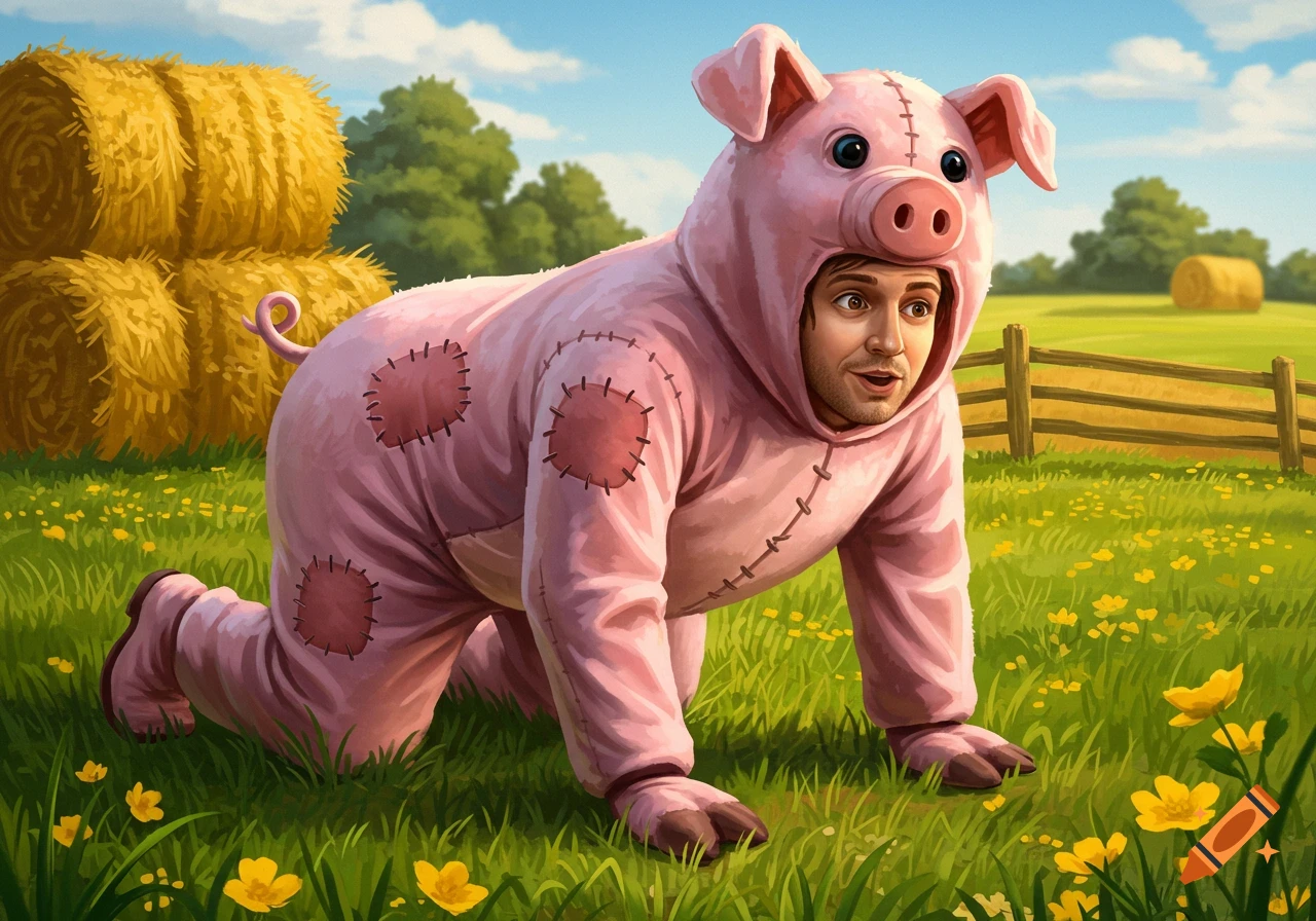 Illustration of a man in a pink pig costume crawling in a green field with yellow flowers, hay bales, and a fence.