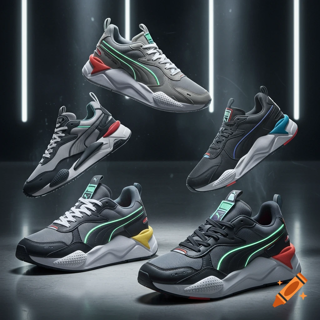 Multiple athletic sneakers in grey and dark grey with neon green accents, displayed dynamically in a dark studio setting with vertical lights.