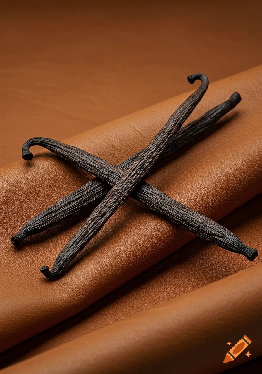 Three dark, wrinkled vanilla pods crossed on a rich brown leather surface in a close-up, photorealistic shot.