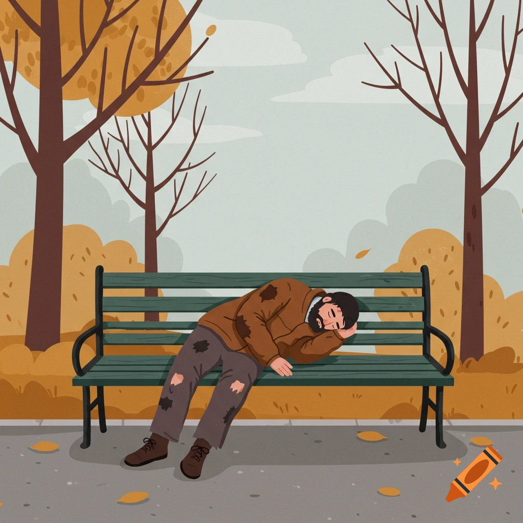 Simple flat illustration of a tired homeless man sleeping on a green park bench in an autumn park with orange trees.
