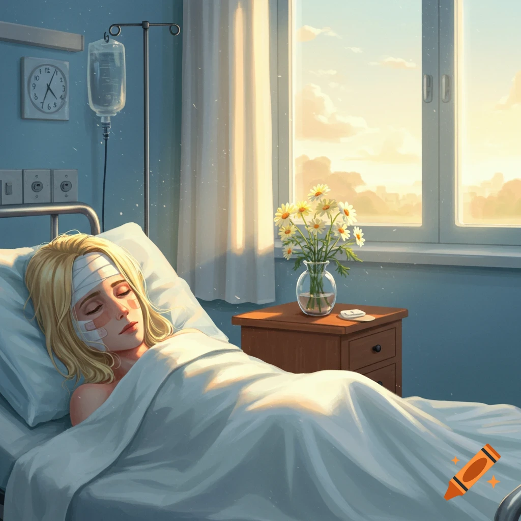 Blond woman with bandages on her head and face sleeping in a hospital bed with an IV drip, flowers, and a sunny window.