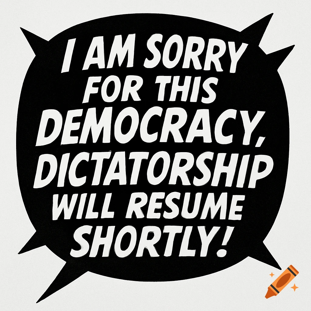 Black and white speech bubble with the text: I am sorry for this democracy, dictatorship will resume shortly!