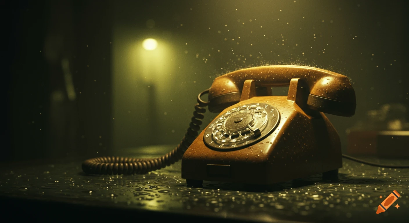 A close-up of a wet, vintage rotary phone with a dark, atmospheric background and a soft yellow light source.