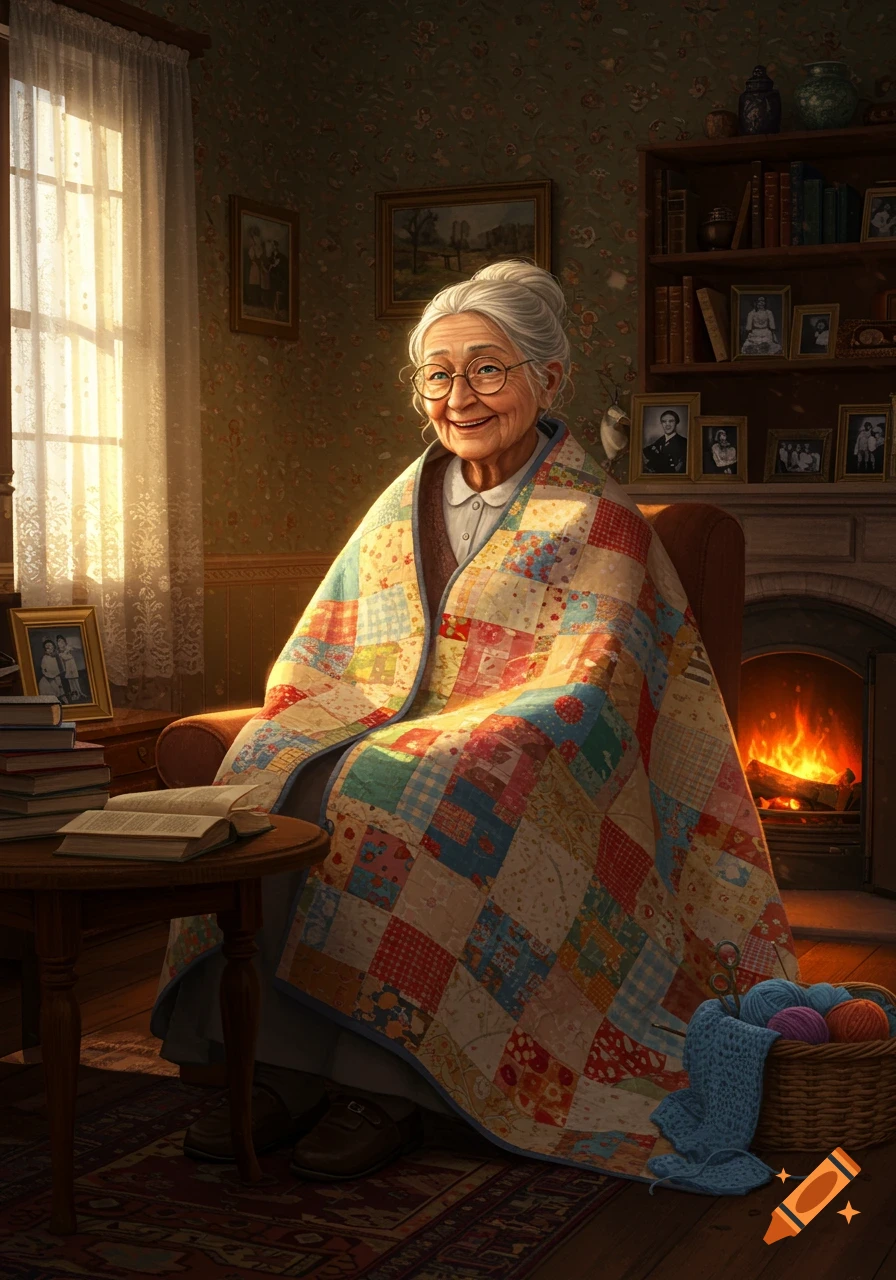 An elderly woman with glasses, smiling and wrapped in a colorful patchwork quilt, sits in an armchair by a sunlit window and a fireplace.